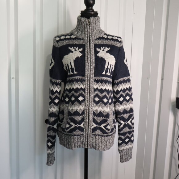 Abercrombie & Fitch full zip knit sweater Fair Isle and moose motif Size Med - Picture 1 of 13